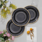 25-Pack Paper 8" Round Dessert Plates in Black Sunray Design with Gold Rim - Disposable Heavy Duty 350GSM Appetizer Salad Plates