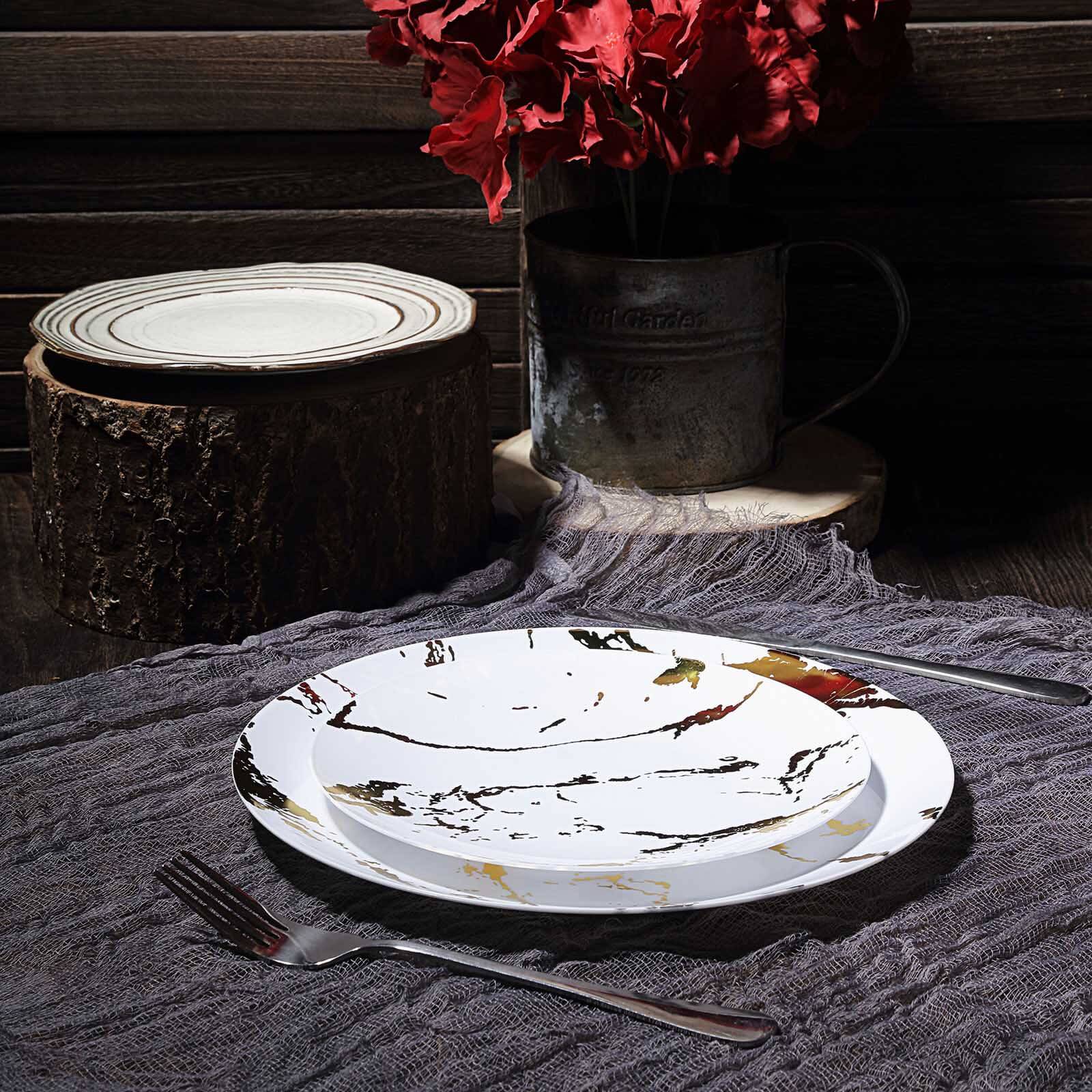 10-Pack Plastic 8" Round Dessert Plates in White with Gold Marble Print - Disposable Appetizer/Salad Plates for Chic Banquets & Special Occasions