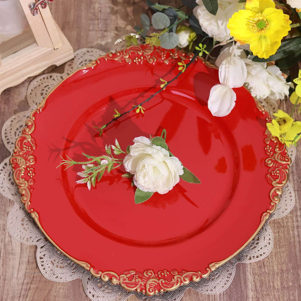 6-Pack Acrylic Round Charger Plates 13" in Red with Gold Embossed Baroque Rim, Antique Decorative Dinner Party Charger Tableware