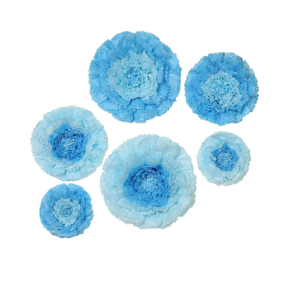 Set of 6 Aqua Blue Carnation 3D Paper Flowers Wall Decor - 7",9",11"