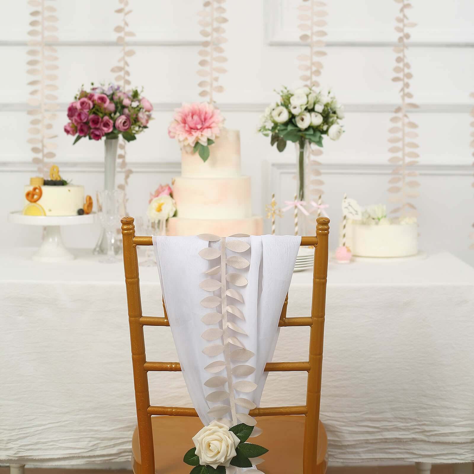 Taffeta Ribbon Sash with 4" Leaf Petal Design Beige 50ft - Sophisticated Artificial Fabric Garland