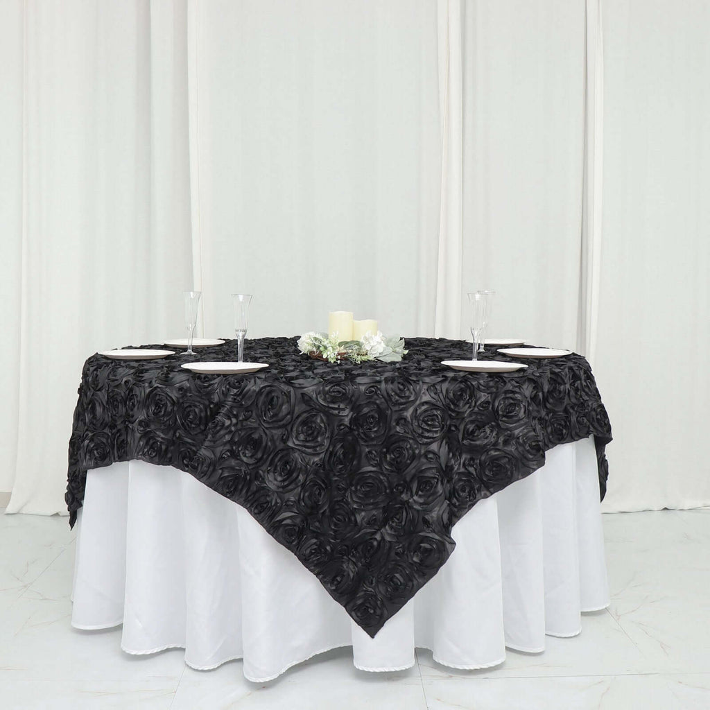 Satin 72"x72" Table Overlay Square Tablecloth Black - 3D Rosette Design for Stylish Occasions
