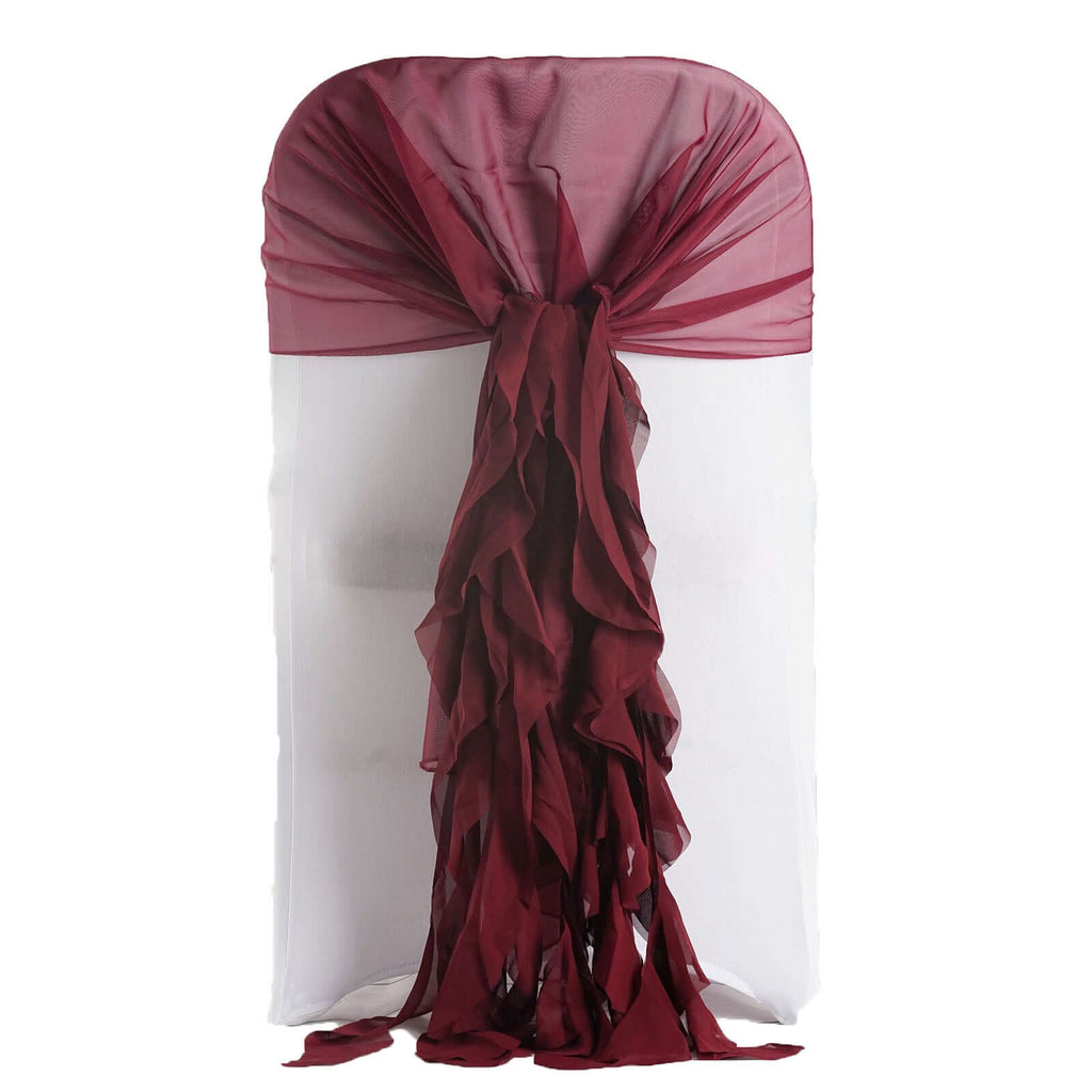 1 Set Chiffon Hoods Chair Sashes with Willow Ruffles Design Burgundy - Stylish Chair Bow Decor