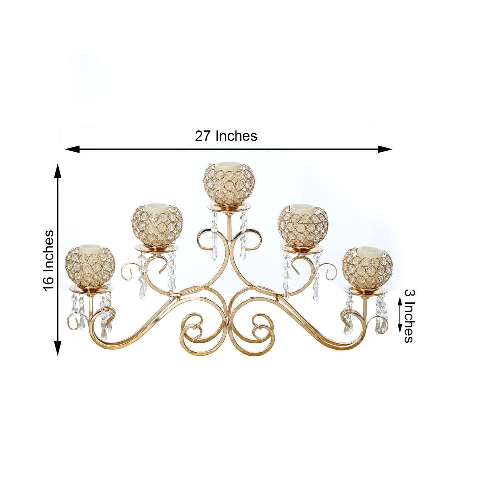 5-Arm Metal Candelabra Horizontal Design with Crystal Goblets Gold - Table Centerpiece for Events 27"