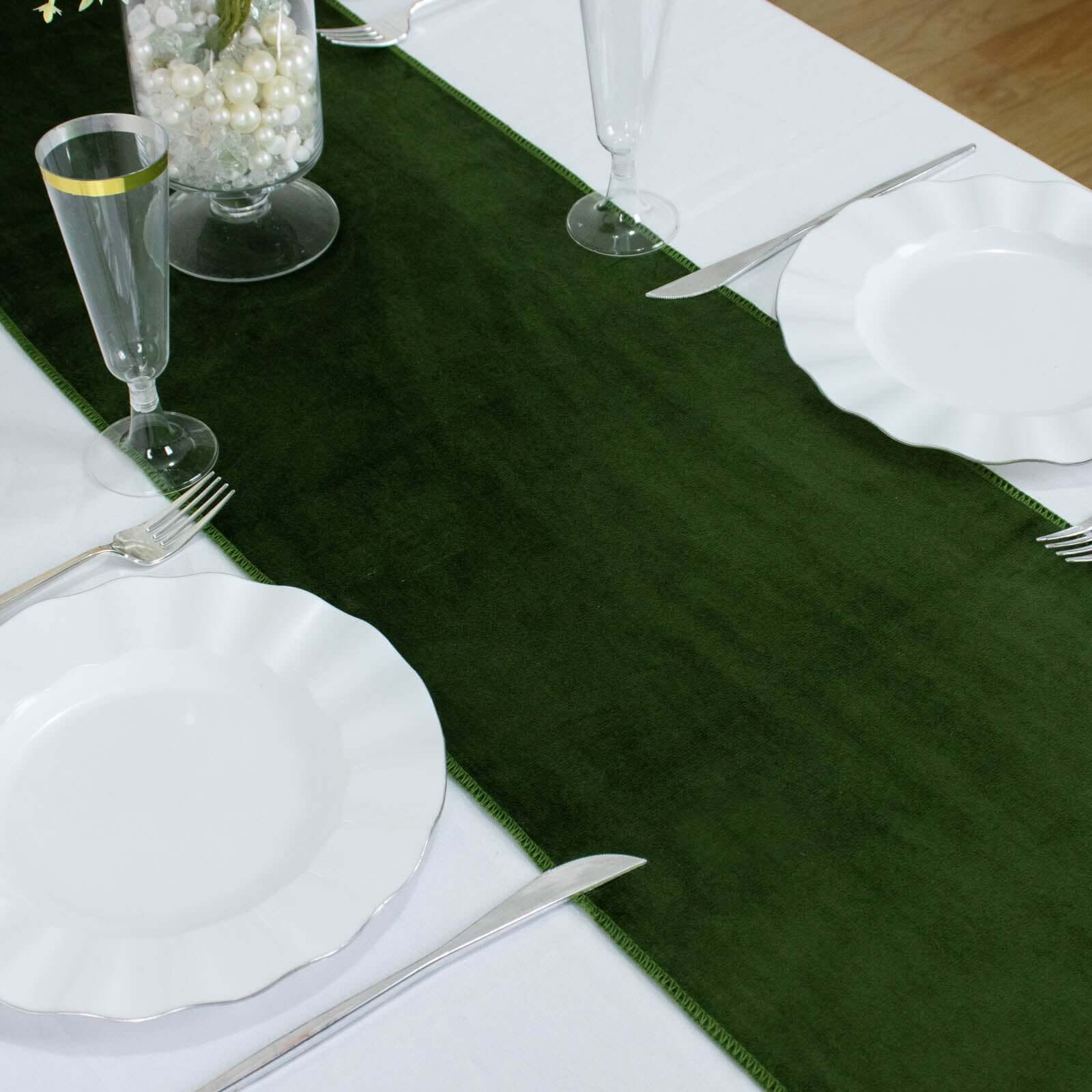 Premium Velvet 12"x108" Table Runner Olive Green - Sheen Finish Reusable Table Decor