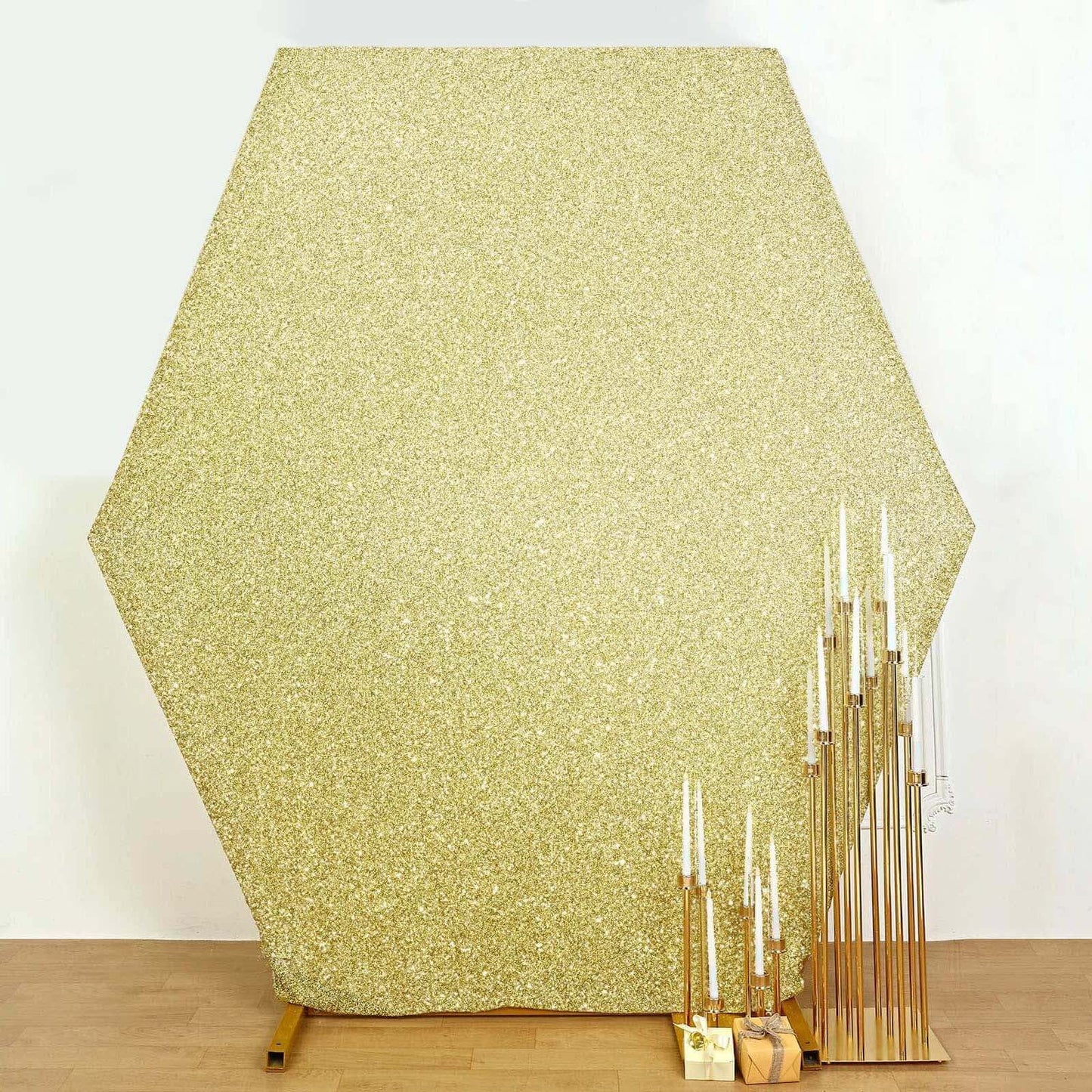 8ftx7ft Champagne Metallic Shimmer Tinsel Spandex Hexagon Wedding Arbor Cover, 2-Sided Backdrop