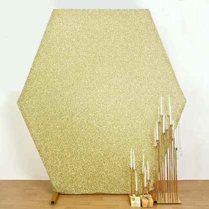 8ftx7ft Champagne Metallic Shimmer Tinsel Spandex Hexagon Wedding Arbor Cover, 2-Sided Backdrop