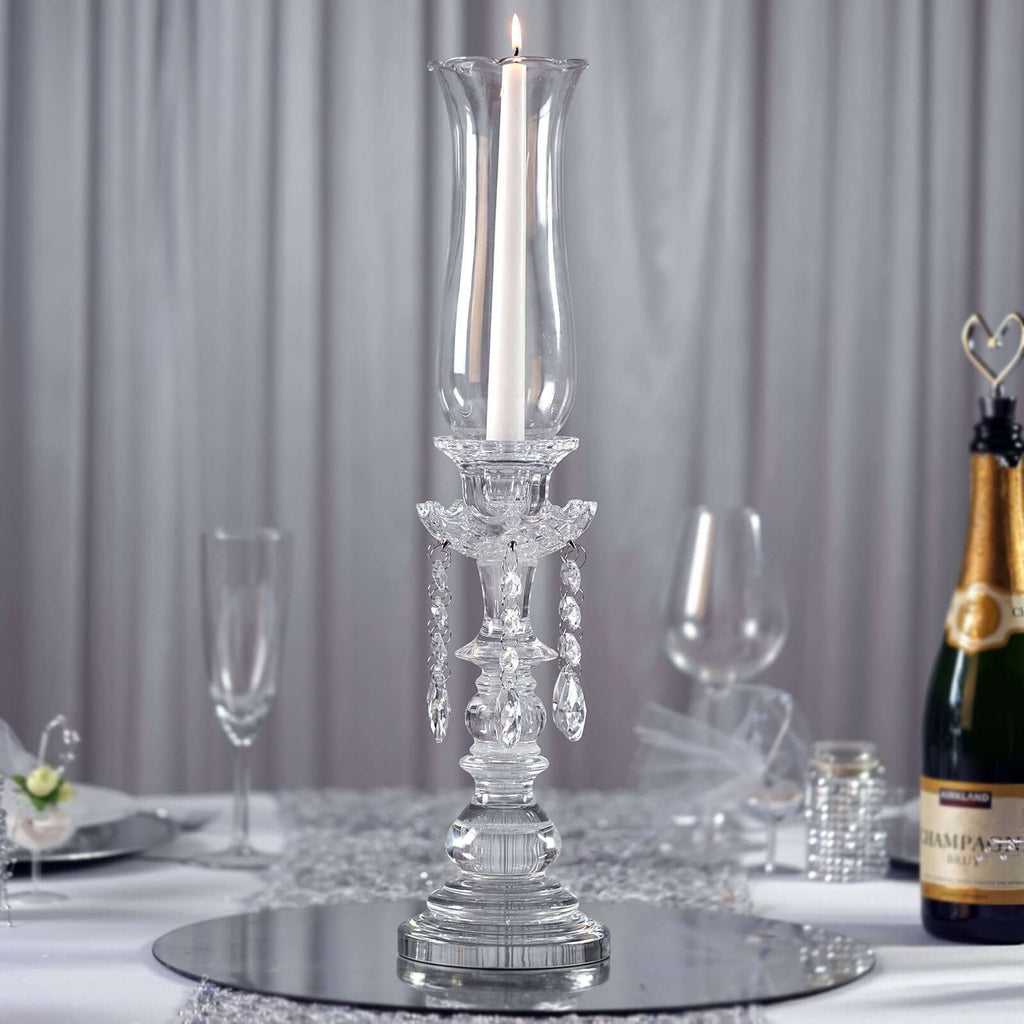 Crystal Glass Hurricane Candle Taper Candlestick Holder, Decorative Piece With Chandelier Chains 20"