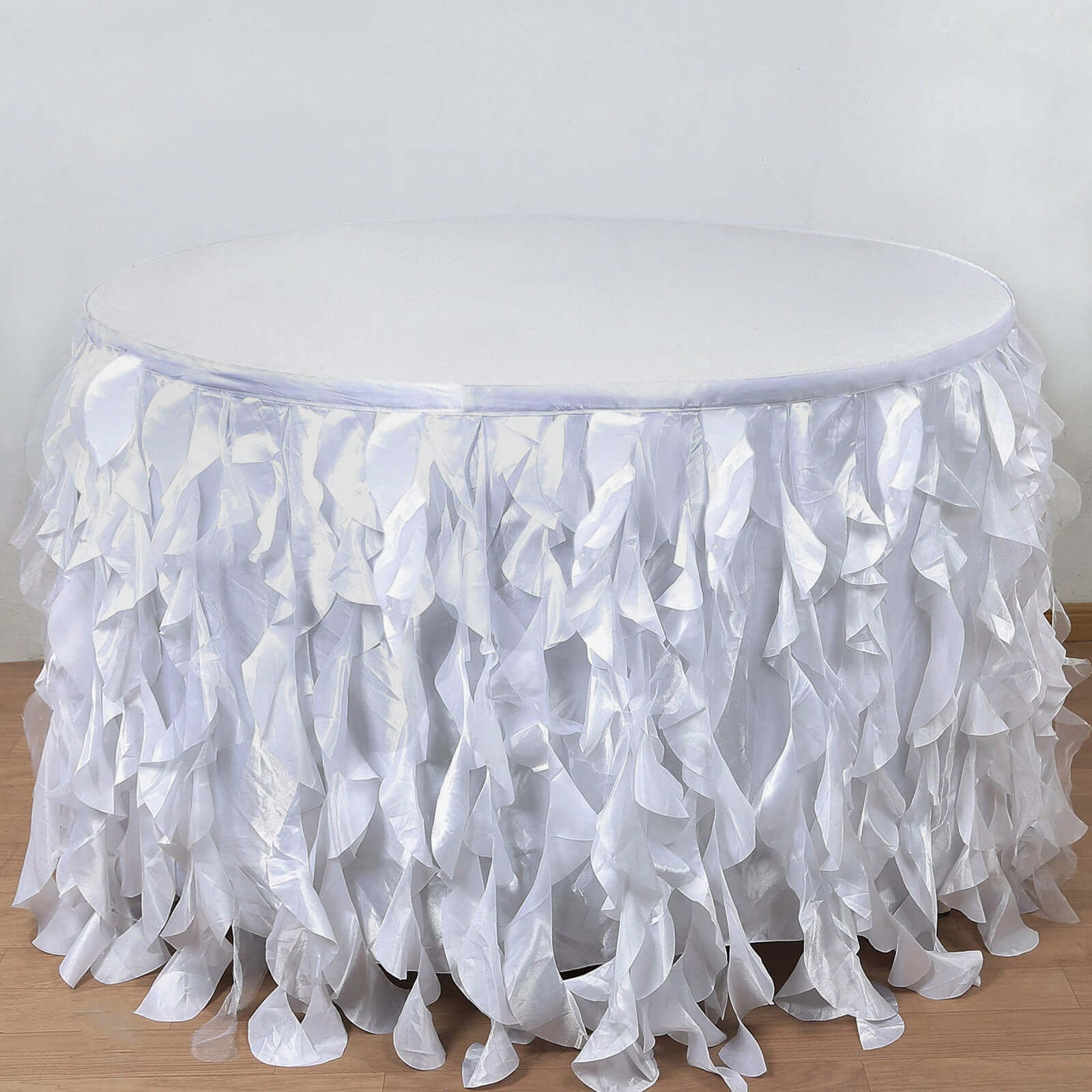 Taffeta 21ft Table Skirt White Cascading Curly Willow Style for Weddings & Banquets