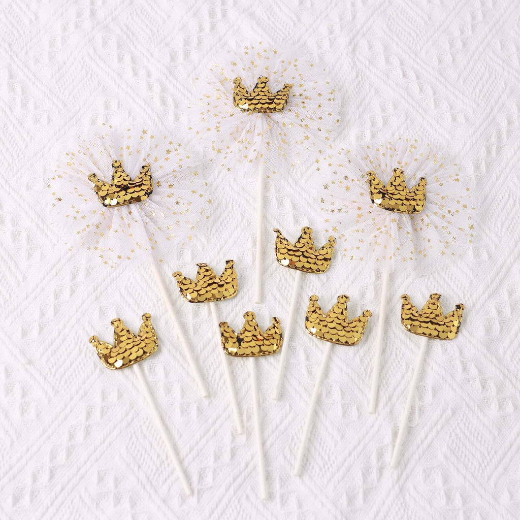 9-Pack Sequin Crown and Tutu Cupcake Cake Toppers Gold - Shimmering Princess Inspired Cake Inserts DIY Party Decoration Supplies