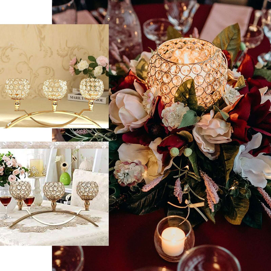 3-Arm Arch Bridge Candelabra Gold with Crystal Beads - Chic Table Centerpiece for Events 16"