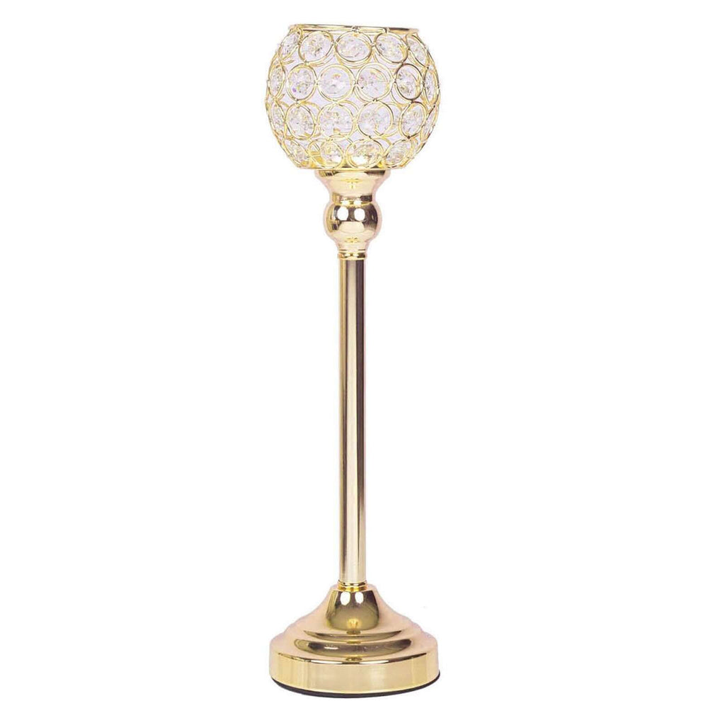 Crystal Votive Pillar Holder Metal 16" Gold - Chic Round Tealight Stand for Events