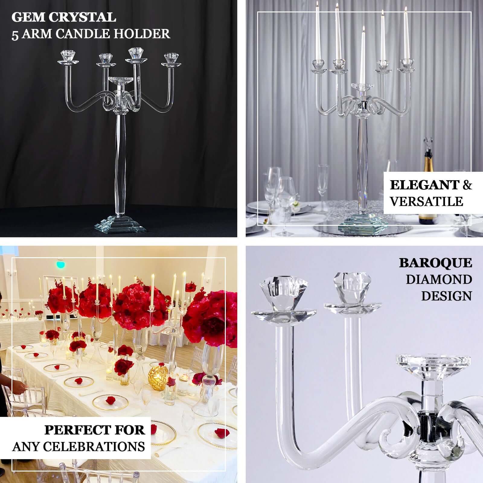 5 Arm Crystal Glass Candelabra Clear- Exquisite Decorative Taper Candle Holder Table Centerpiece for Grand Celebrations 27"