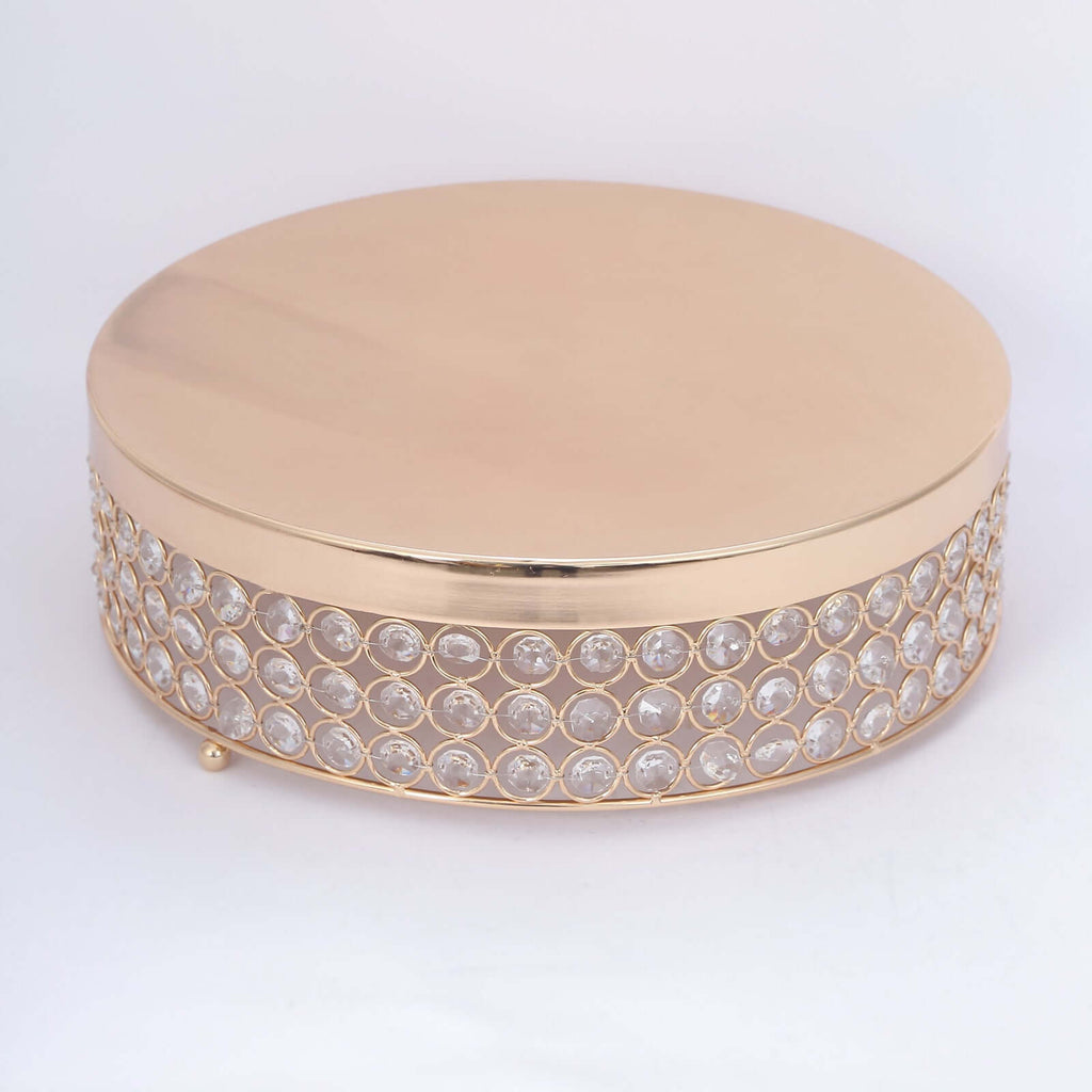 Metal Cake Stand Pedestal Crystal Beaded Design Gold - Cupcake Display and Dessert Riser 14"