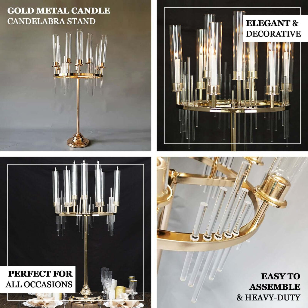 Metal 9-Arm Round Cluster Taper Candelabra Table Centerpiece Gold - Candlestick Holder Table Centerpiece With Drip Accents and Clear Glass Shades 40"