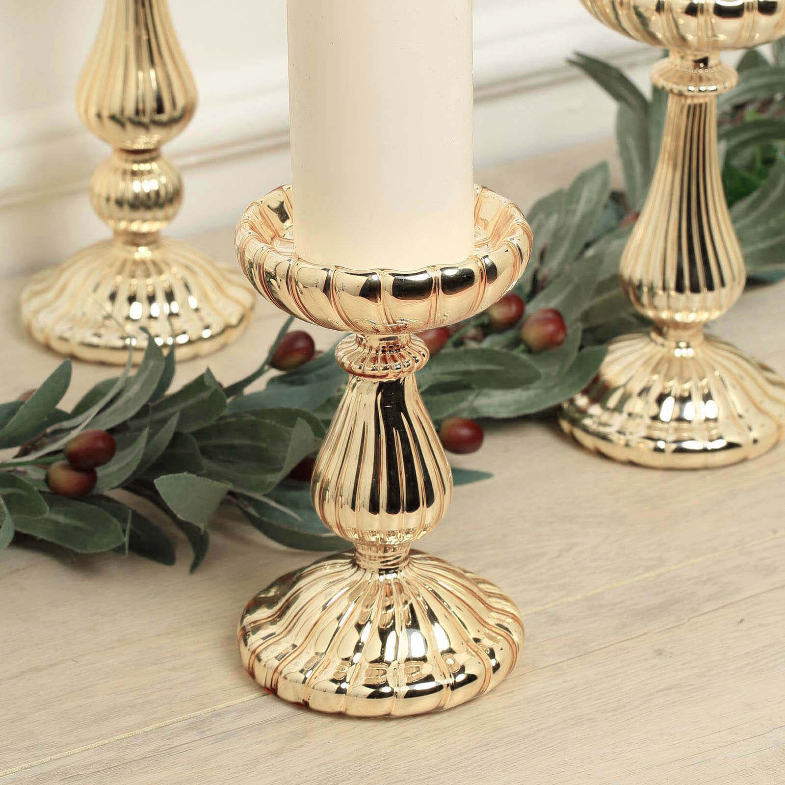 Set of 3 Candle Holder Stands Gold Mercury Glass Pillar Design - Stylish Votive Centerpieces for Tables & Decor 7", 8", 10"