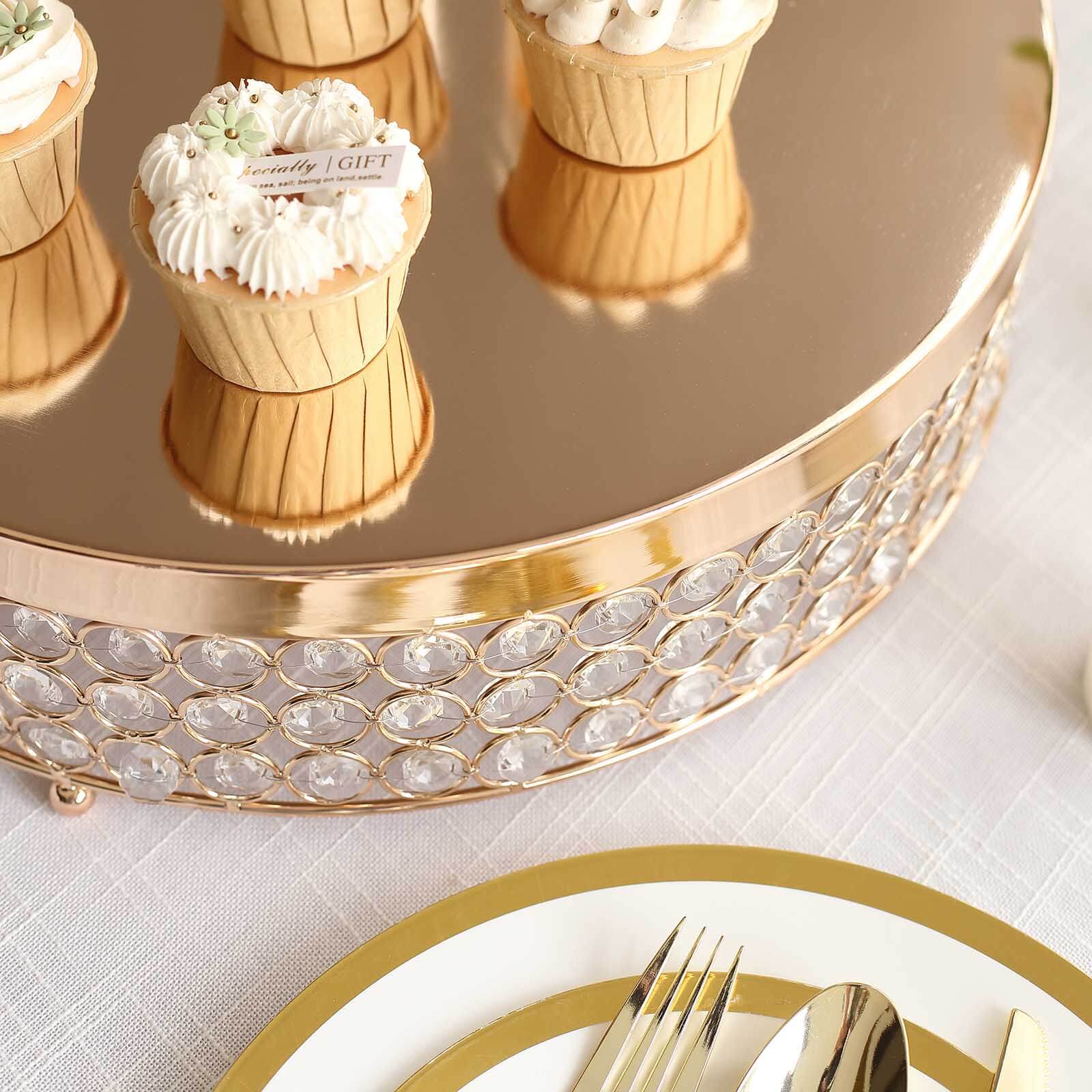 Metal Cake Stand Pedestal Crystal Beaded Design Gold - Cupcake Display and Dessert Riser 16"