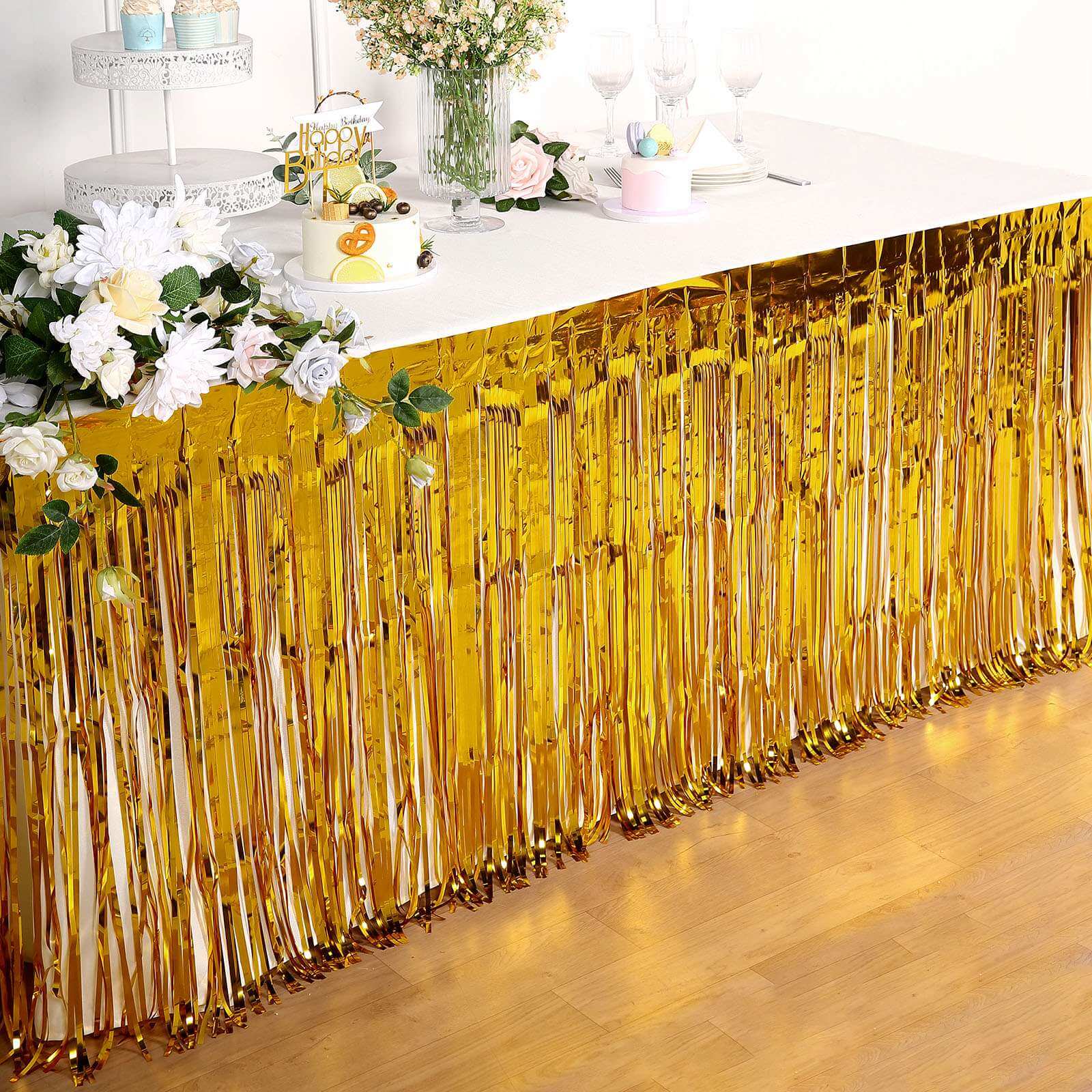 Metallic Foil Fringe Table Skirt Gold with Self Adhesive Backing - Durable Tinsel Skirt for Parties 30"x9ft