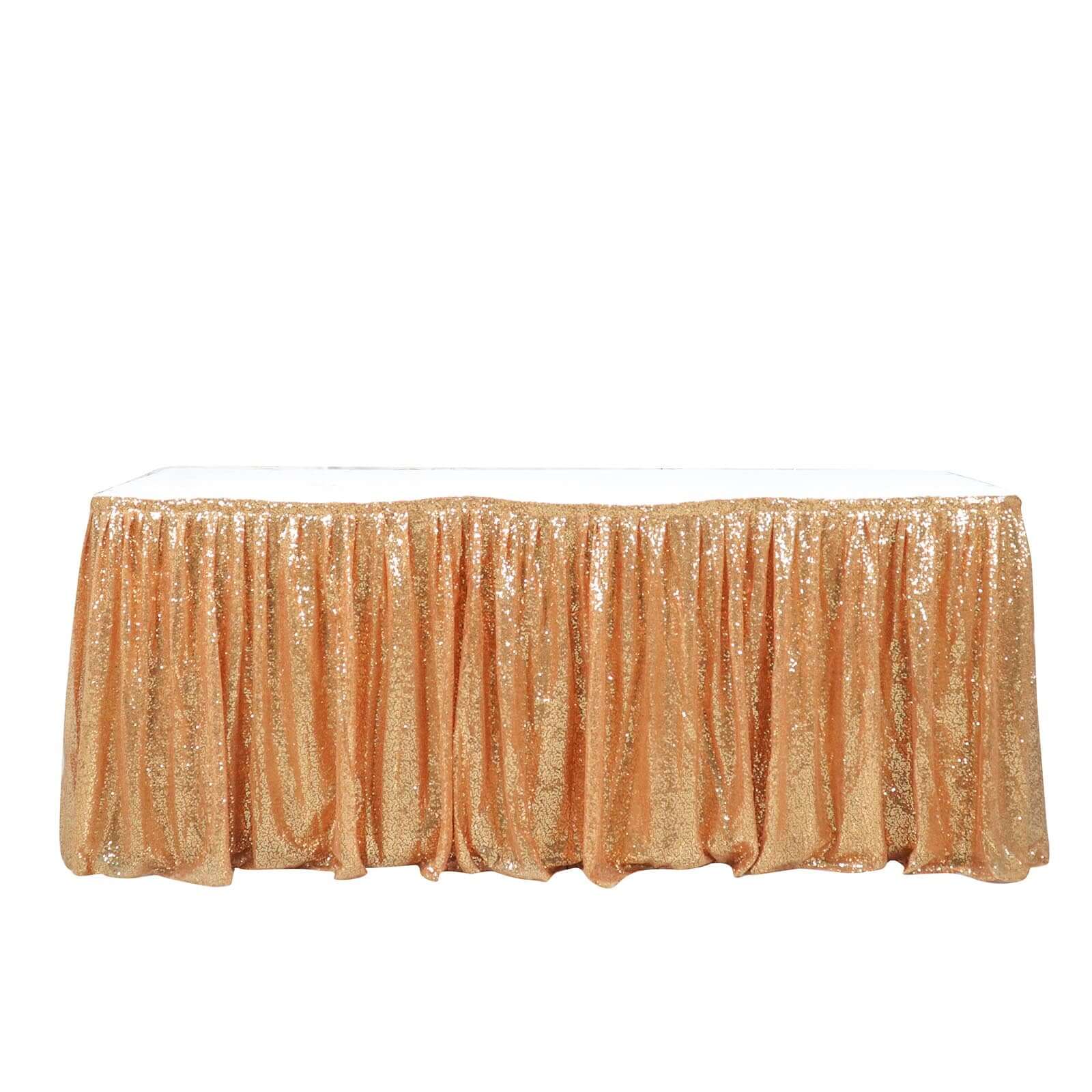 Sequin 17ft Table Skirt Gold - Pleated Satin With Top Velcro Strip - Glitzy Event Decoration