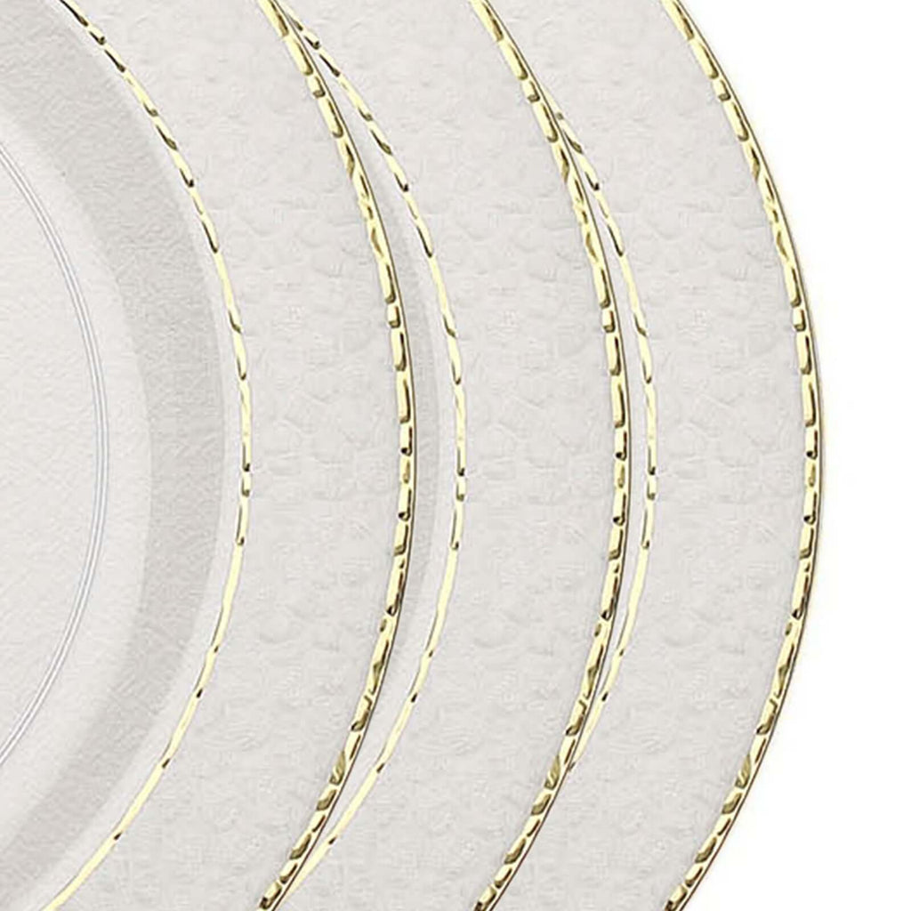 10-Pack Plastic 10" Round Dinner Plates in Clear Hammered Design with Gold Rim - Disposable Party Plates for Chic Banquets & Special Occasions
