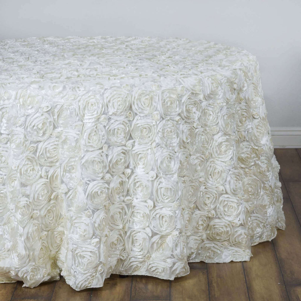 Satin 132" Round Tablecloth Ivory - Seamless Grandiose 3D Rosette Table Cover