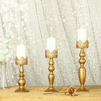Set of 3 Lace Hurricane Candle Holders Antique Gold with Glass Shades - Chic Pillar Candle Stands 12", 14", 17"