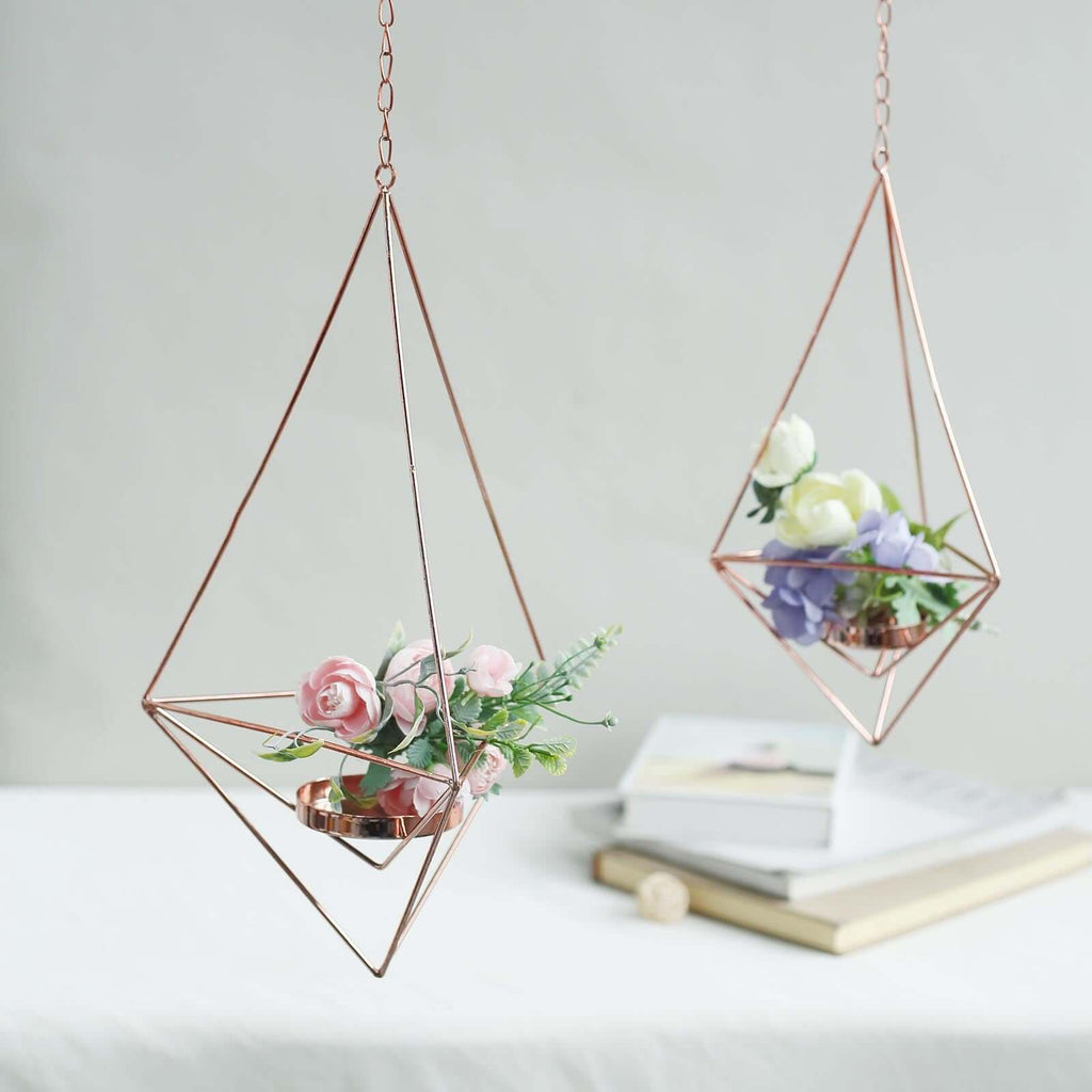 Set of 2 Hanging Tealight Candle Holders Rose Gold Metal Diamond Geometric Open Frame - Flower Terrariums 12", 15"