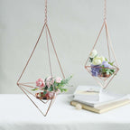 Set of 2 Hanging Tealight Candle Holders Rose Gold Metal Diamond Geometric Open Frame - Flower Terrariums 12", 15"