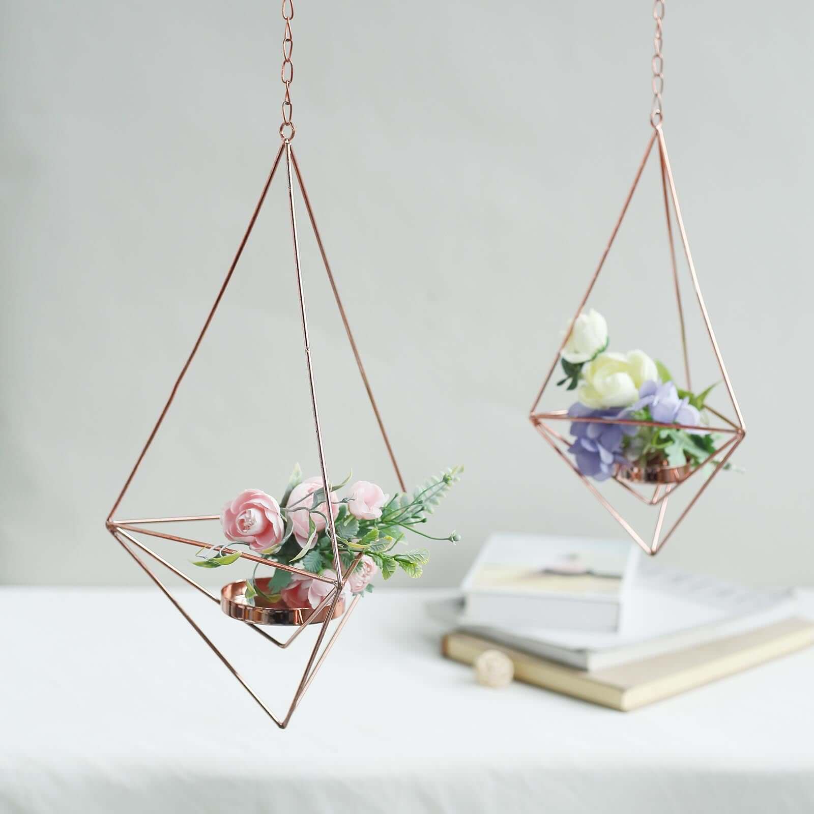 Set of 2 Hanging Tealight Candle Holders Rose Gold Metal Diamond Geometric Open Frame - Flower Terrariums 12", 15"