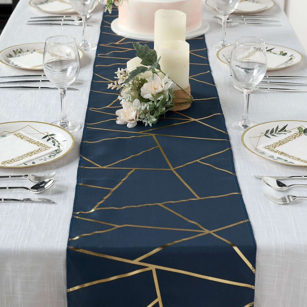 Polyester 9ft Table Runner Navy Blue with Gold Foil Modern Geometric Accent