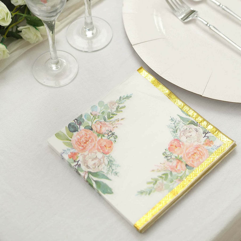 20-Pack Paper Cocktail Napkins with Pink Peony Floral Design and Gold Trim White - 2 Ply Wedding Beverage Napkins 18GSM
