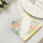 20-Pack Paper Cocktail Napkins with Pink Peony Floral Design and Gold Trim White - 2 Ply Wedding Beverage Napkins 18GSM