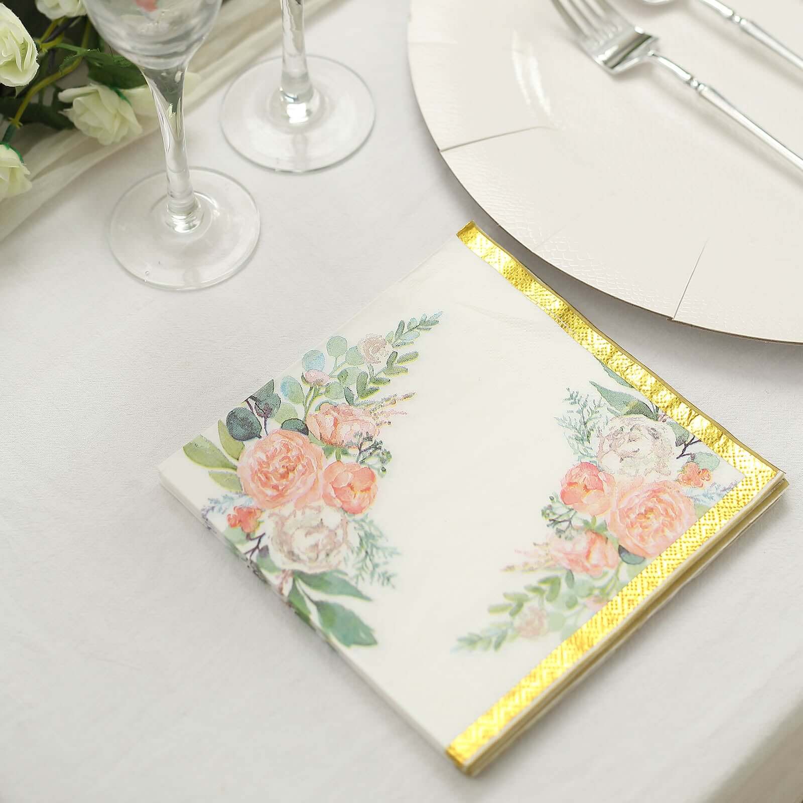 20-Pack Paper Cocktail Napkins with Pink Peony Floral Design and Gold Trim White - 2 Ply Wedding Beverage Napkins 18GSM