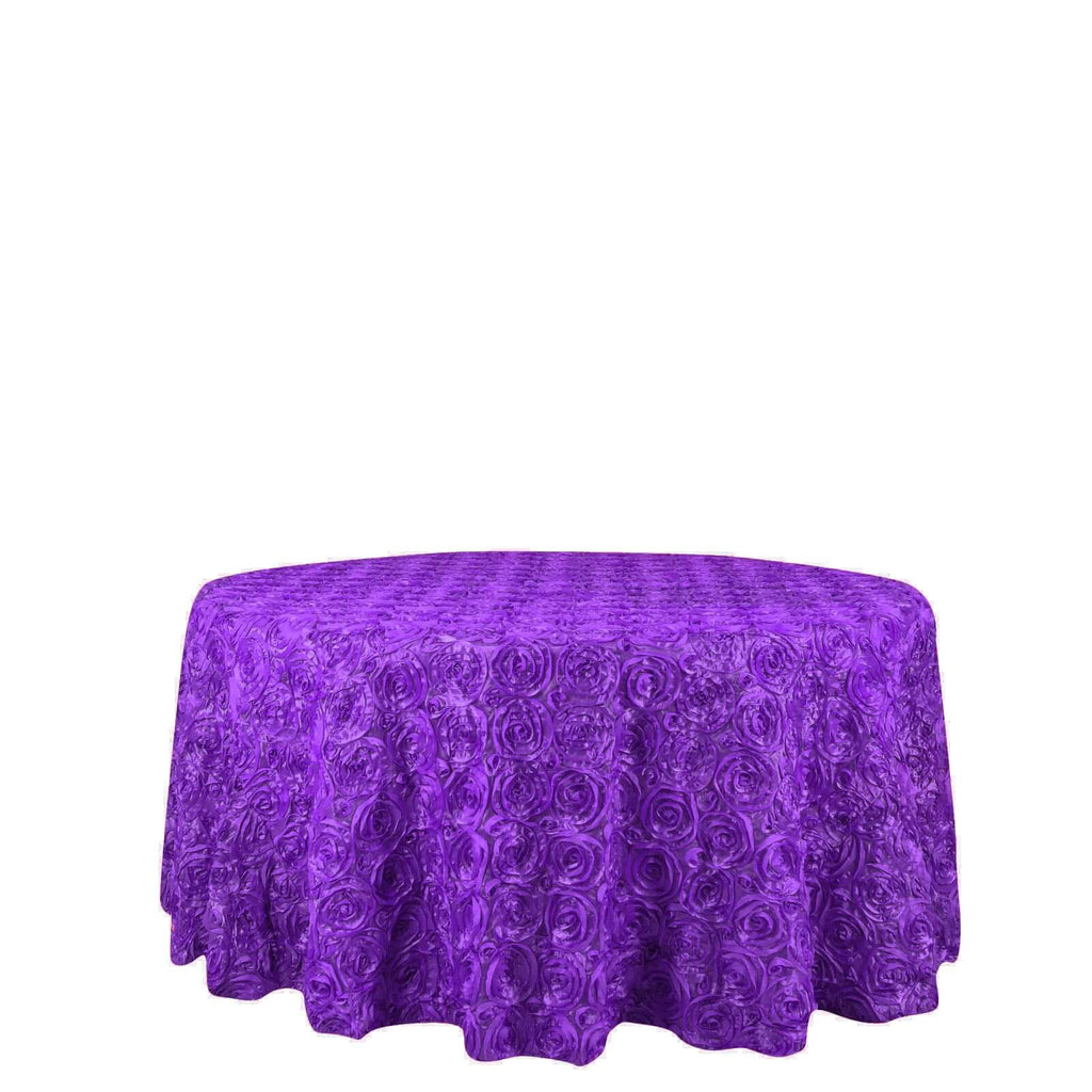 Satin 120" Round Tablecloth Purple - Grandiose 3D Rosette with Seamless Finish Table Cover
