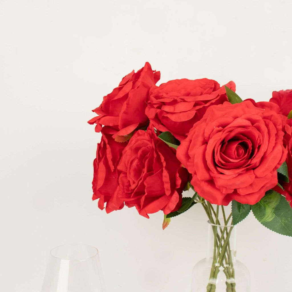 2 Bushes 17" Red Premium Silk Jumbo Rose Flower Bouquet, High Quality Artificial Wedding Floral Arrangements