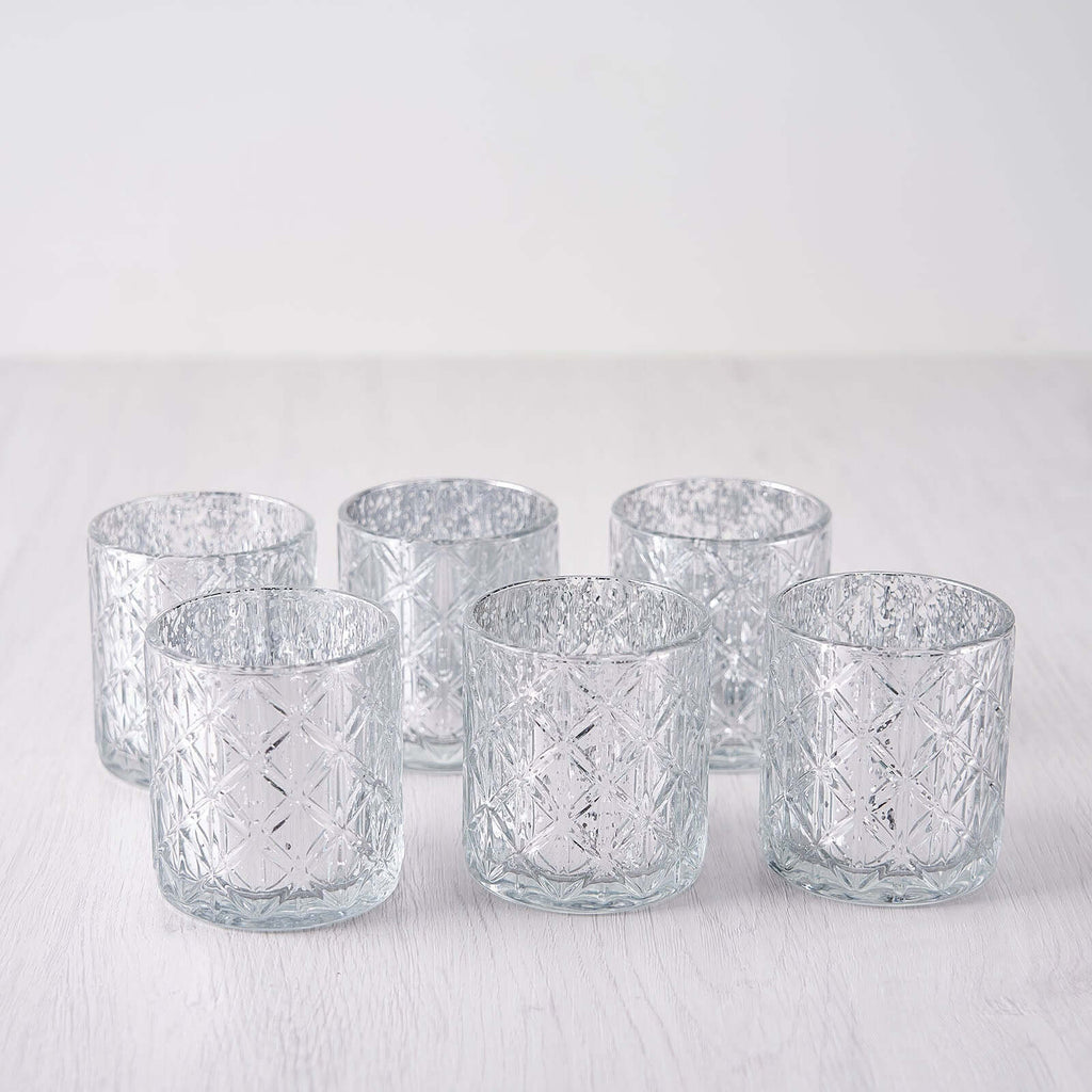6-Pack Mercury Glass Candle Holders Shiny Silver with Geometric Design - Votive Tealight Holders 3"