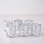 6-Pack Mercury Glass Candle Holders Shiny Silver with Geometric Design - Votive Tealight Holders 3"
