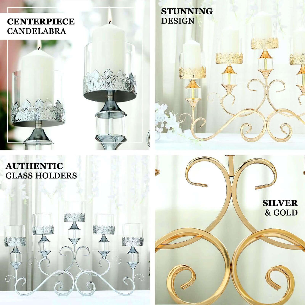 5-Arm Metal Table Candelabra Antique Gold Crown Top Design - Stylish Horizontal Table Centerpiece with Glass Votive Holders 18"