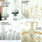 5-Arm Metal Table Candelabra Antique Gold Crown Top Design - Stylish Horizontal Table Centerpiece with Glass Votive Holders 18"