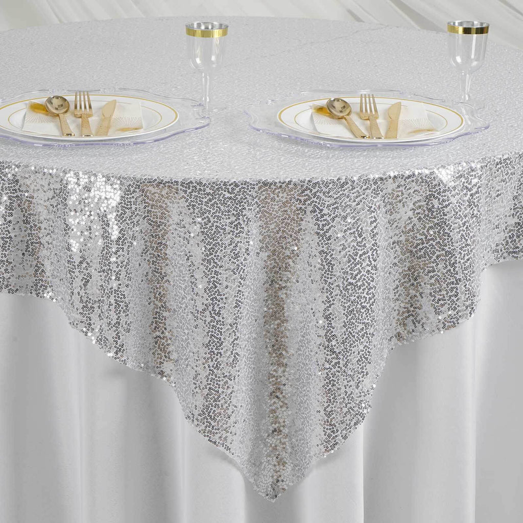 Sequin 60"x60" Table Overlay Square Tablecloth Silver - Luxe Wedding Table Topper