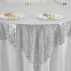 Sequin 60"x60" Table Overlay Square Tablecloth Silver - Luxe Wedding Table Topper