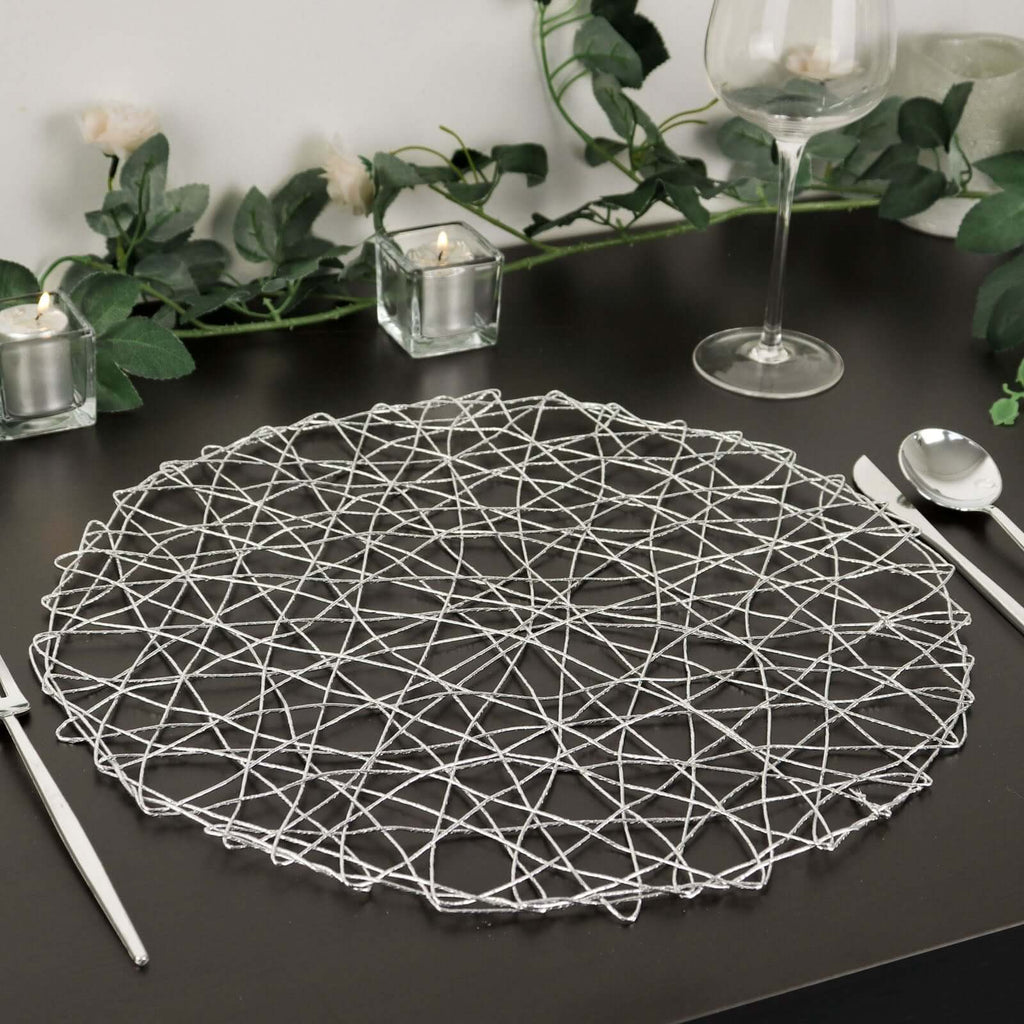 6-Pack Table Placemats Woven Fiber Design Silver Round - Disposable Mats for Dining and Events 15"