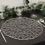 6-Pack Table Placemats Woven Fiber Design Silver Round - Disposable Mats for Dining and Events 15"