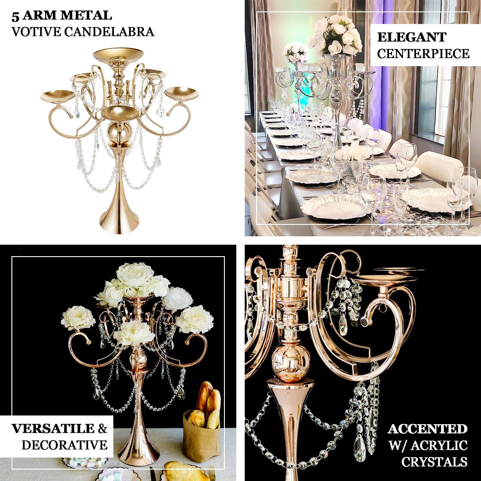 Metal Candelabra 5 Arm Design Gold with Hanging Crystal Drops - Table Centerpiece for Events 27"