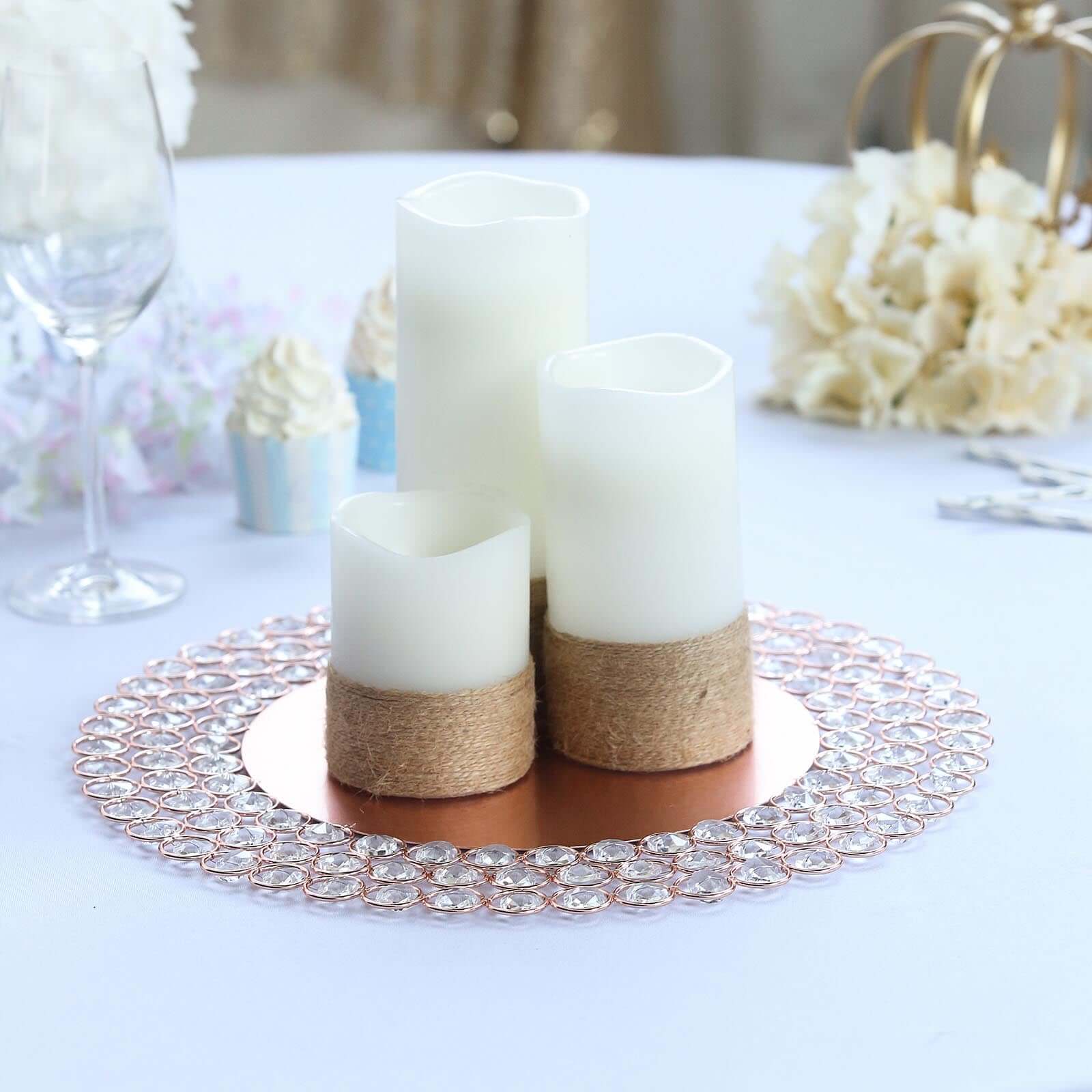 Wired Metal Round Charger Plate 14" in Rose Gold with Acrylic Crystal Beads, Glamorous Decorative Dinner Charger Tableware