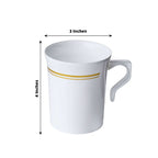 8-Pack Plastic Coffee Mugs White with Gold Stripes - Sturdy Disposable Cups for Coffee and Tea 8oz 4"