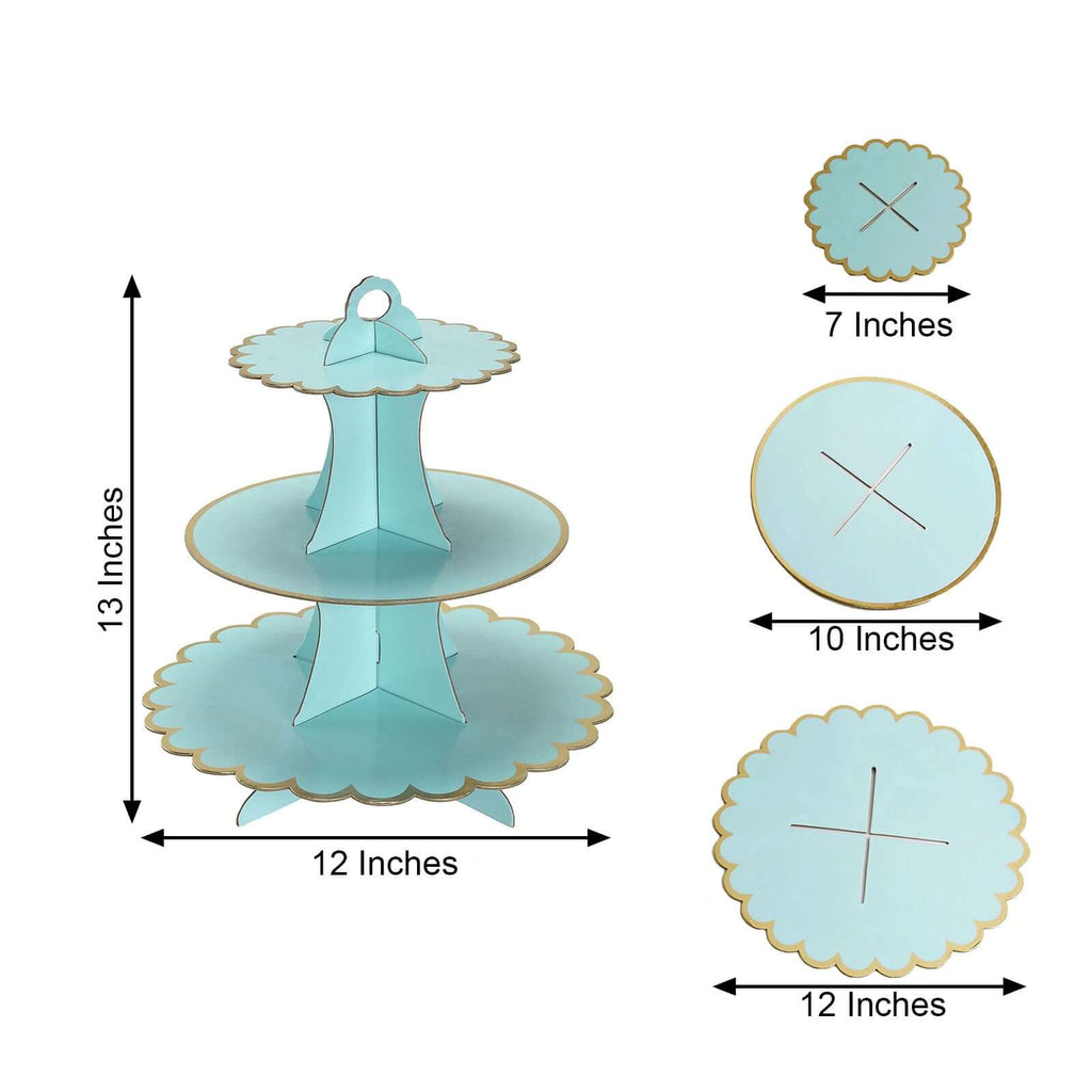 3-Tier Cardboard Cupcake Stand Light Blue - Sturdy & Collapsible Dessert Treat Tower with Gold Scalloped Rim for Baby Shower Wedding & Party Decor 13"