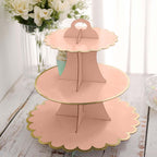 3-Tier Cardboard Cupcake Stand Blush - Sturdy & Collapsible Dessert Treat Tower with Gold Scalloped Rim for Baby Shower Wedding & Party Decor 13"