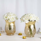 2-Pack Glass Hurricane Vases Bell Shaped Crackle Gold Curvy Design - Stylish Candle Holder Centerpieces 8"