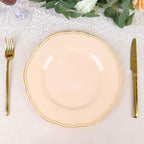 10-Pack Plastic 10" Dinner Plates in Nude with Gold Scalloped Rim - Disposable Large Party Plates